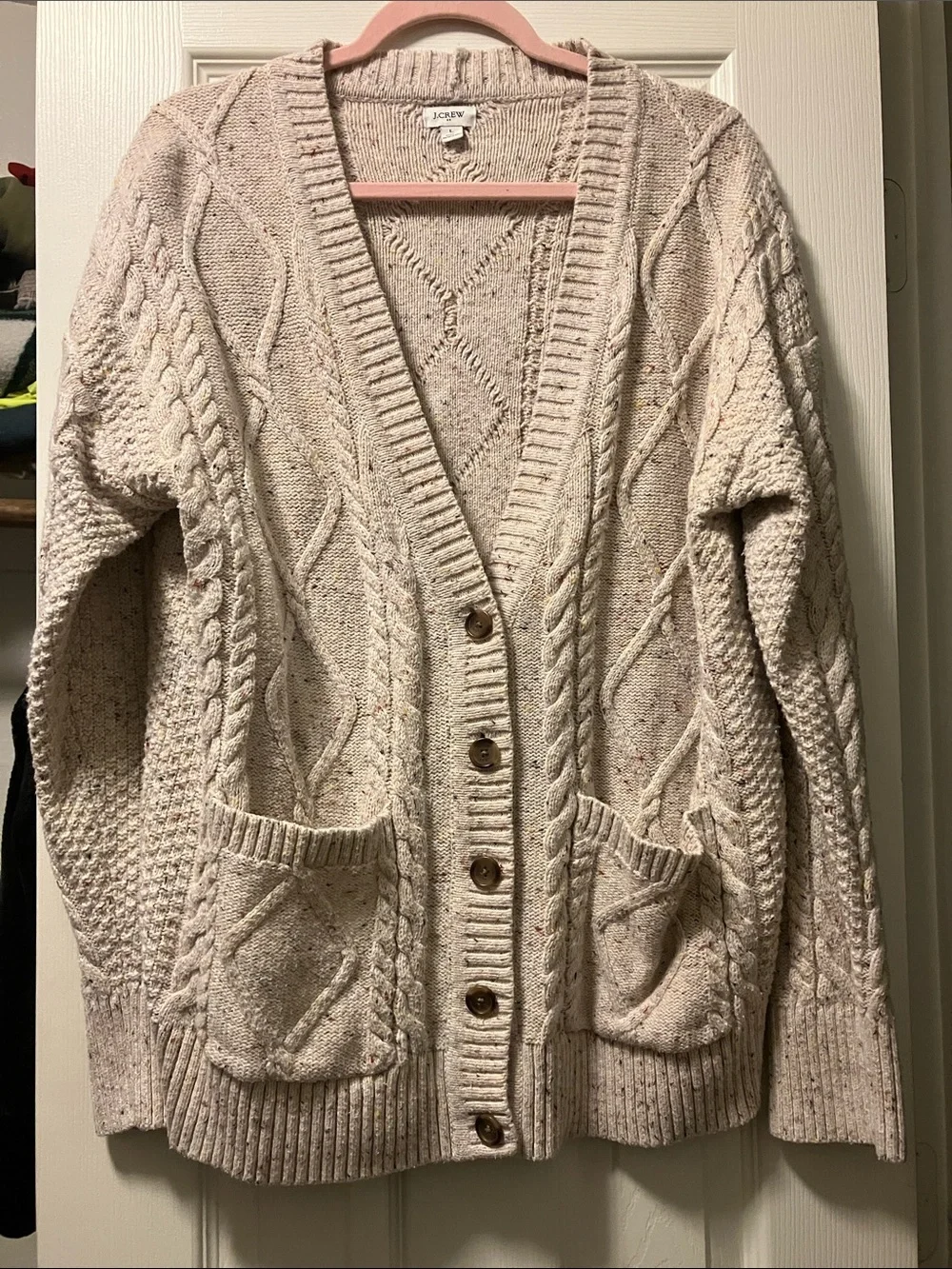 J. Crew Speckled Cream Cable Cardigan with Pockets